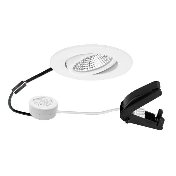 Einbau-LED-Downlight-Set mit weißer Blende, Treiber und schwarzem Federclip zur Deckeninstallation