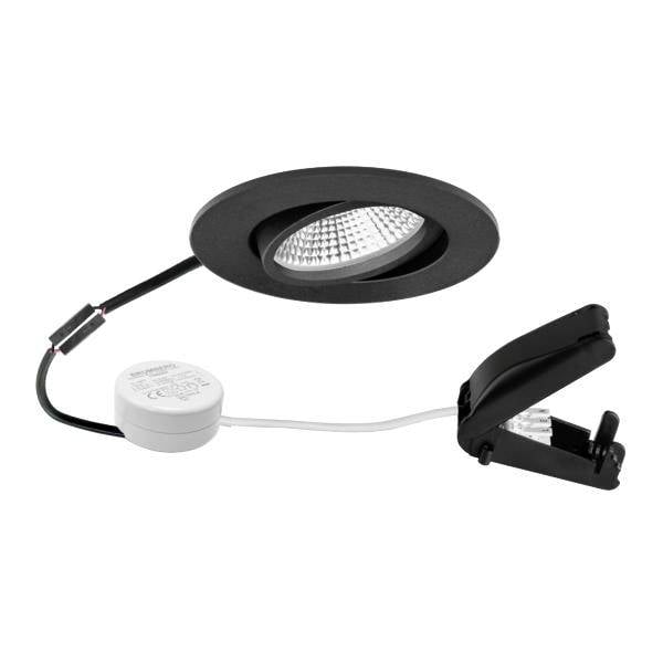 Schwarzes LED-Einbaustrahler-Set mit rundem Zierring, weißer Anschlussdose und Federklemme auf weißem Hintergrund.