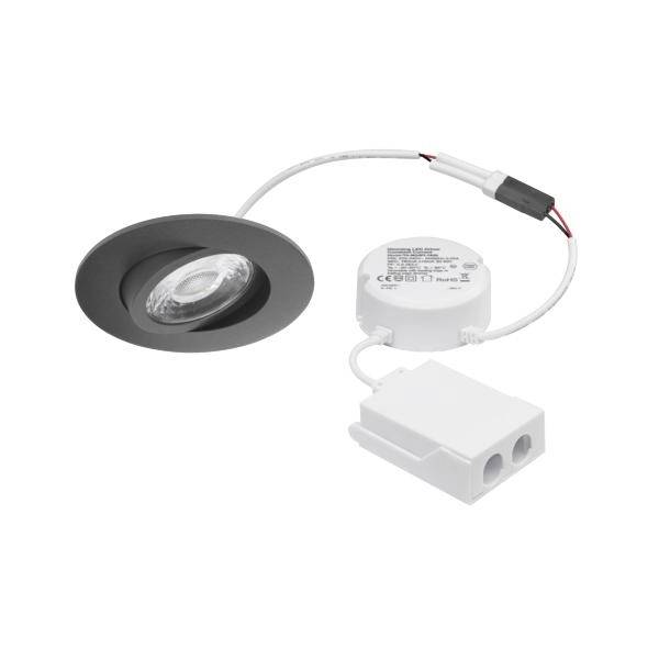 Bausatz für eingebaute LED-Einbauleuchten mit schwarzer Blende, weißem Betriebsgerät und angeschlossener Anschlussdose auf weißem Hintergrund.