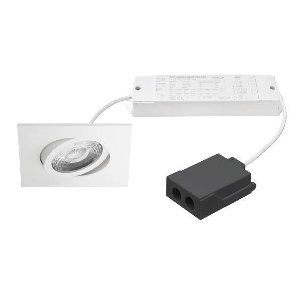 Weiße eingebaute LED-Einbauleuchte mit Treiber und Stecker, gezeigt als Produktmontage auf weißem Hintergrund.