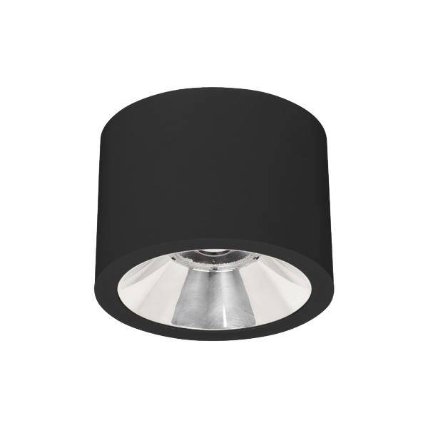 Schwarze zylindrische Deckenleuchte mit versenKtem silbernem Reflektor.