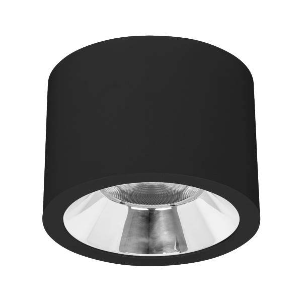 Schwarze zylindrische, in die Decke eingelassene Leuchte mit reflektierendem Innenraum und sichtbarem Glühbirnengehäuse darunter.