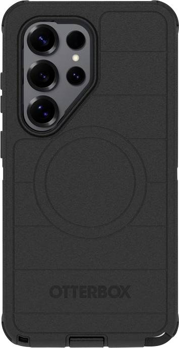 Schwarze OtterBox-Handyhülle mit erhöhtem Kameraausschnitt und MagSafe-ähnlicher kreisförmiger Lademarke auf der Rückseite.