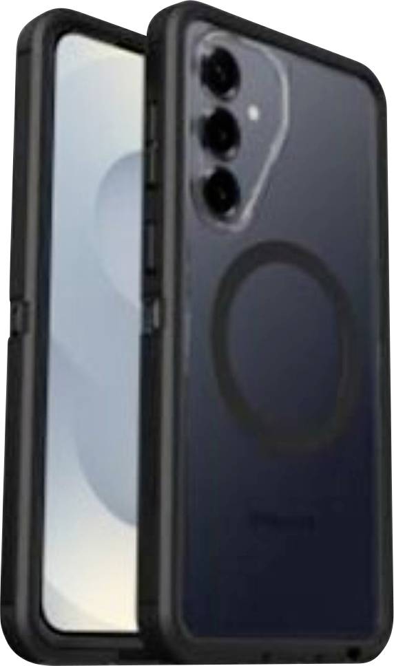 Zwei schwarze Smartphones, von vorne und von hinten gezeigt, mit einer dreifachen Kamerastelle auf der Rückseite und einem kreisförmigen MagSafe-ähnlichen Ring auf der Rückseite.