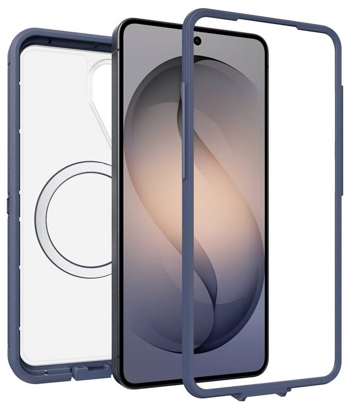 Ein Smartphone mit einer transparenten Schutzhülle und blauem Stoßschutzrahmen, explodiert dargestellt, um die vorderen und hinteren Teile rund um das Telefon zu zeigen.