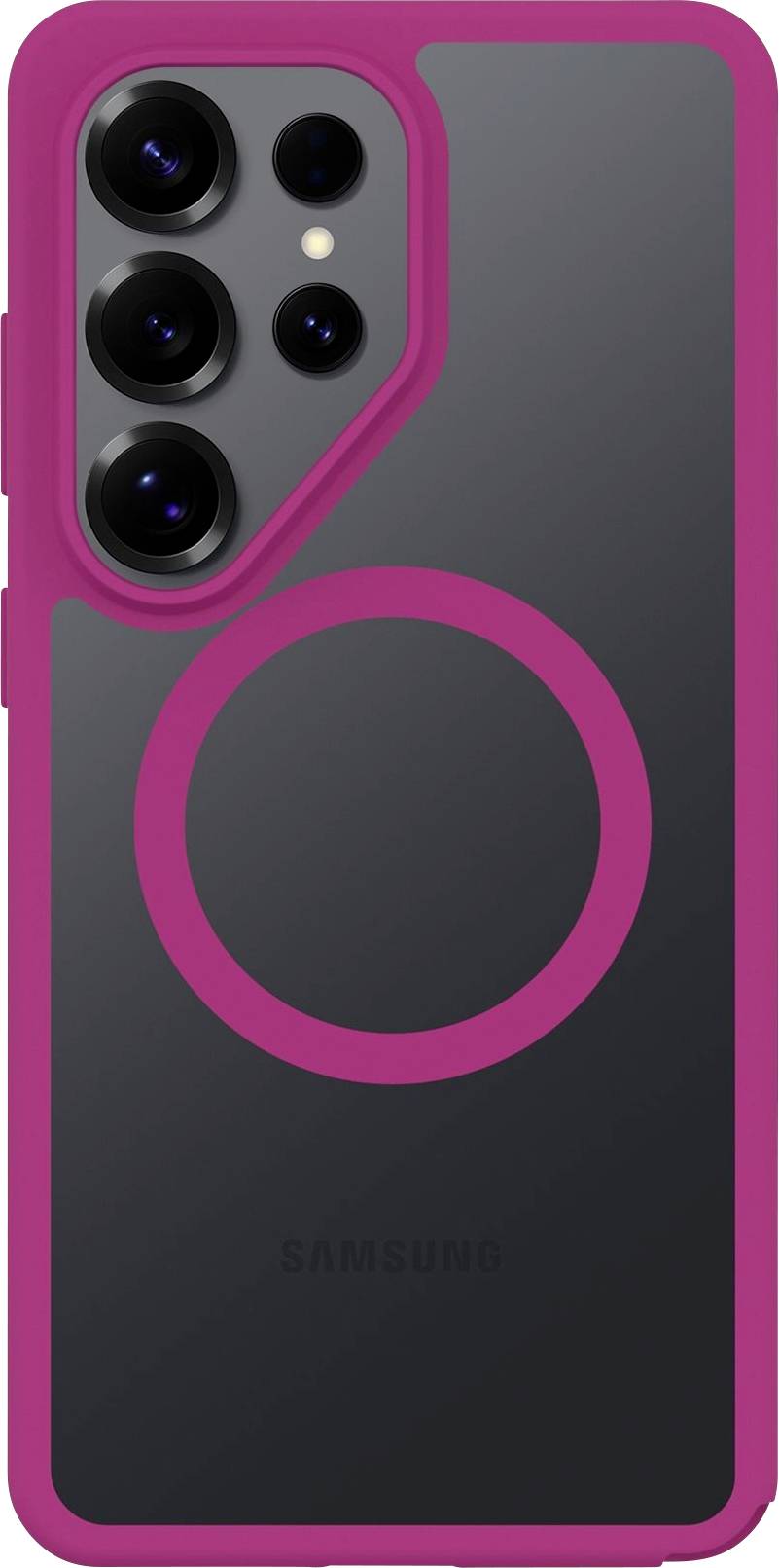 Schwarze Smartphone-Hülle mit magentafarbenem Rand, Kameraaussparung für Triple-Lens-Array und großem MagSafe-ähnlichem Kreisring auf der Rückseite.