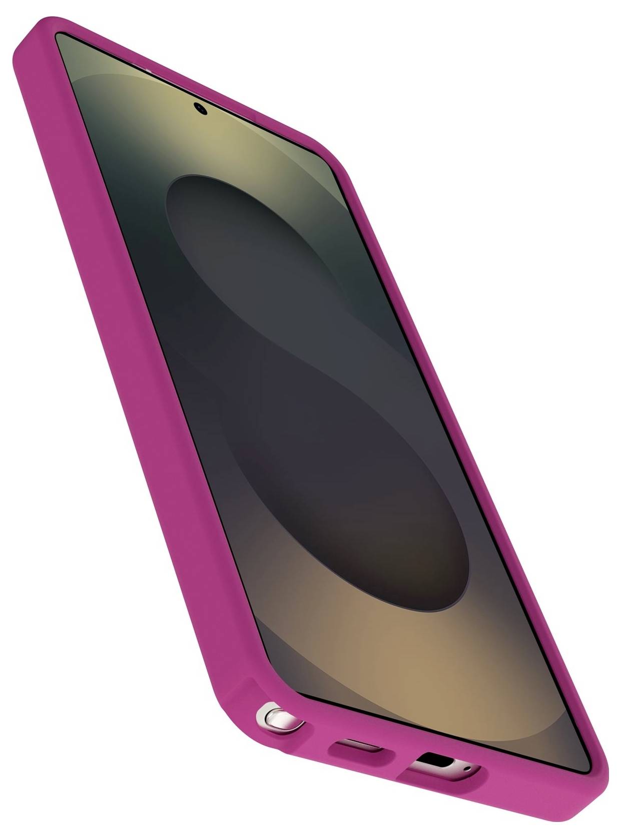Pinke Smartphone-Hülle, die die Vorderseite eines Telefons mit zentraler Kameraaussparung und unteren Anschlussöffnungen auf weißem Hintergrund zeigt.