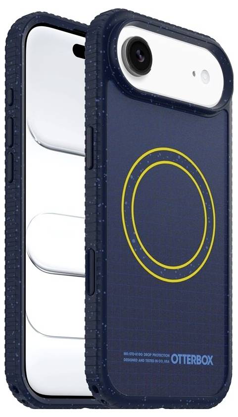 Zwei Smartphone-Hüllen von vorne und hinten: eine dunkelblau OtterBox-Hülle mit einem gelben MagSafe-Ring und eine robuste Hülle mit transparenter Rückseite.