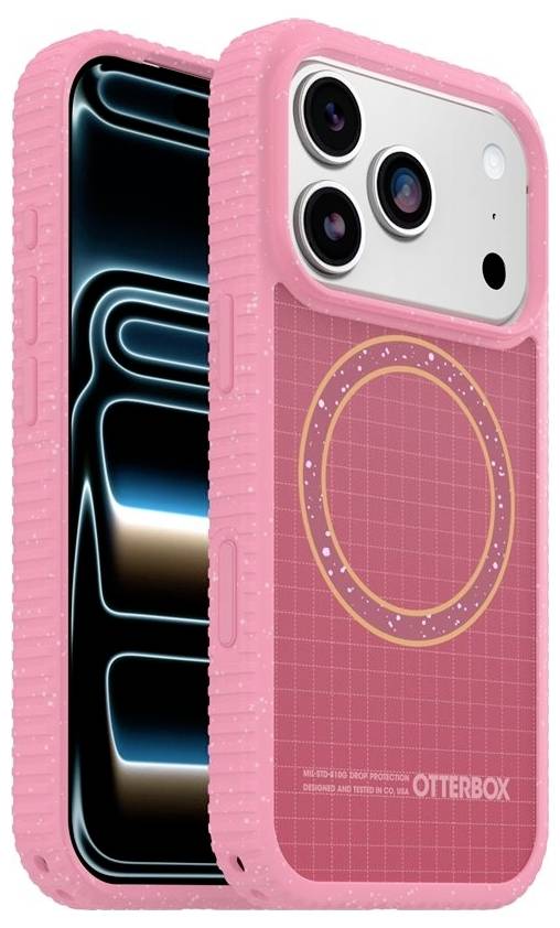 Rosa OtterBox-Handyhülle von vorne und hinten gezeigt, mit erhöhten Stoßkantenkanten, Kameraausschnitt und MagSafe-ähnlichem kreisförmigem Ring auf der Rückseite.