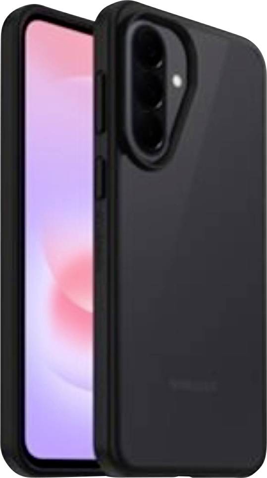 Schwarzes Smartphone in einer Schutzhülle, von vorne und hinten gezeigt mit sichtbarem rosa-lila Bildschirm.