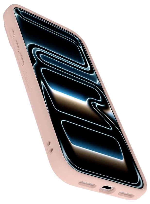 Rosa Smartphone mit leuchtendem abstraktem blau-goldenem Bildschirm, im Winkel auf weißem Hintergrund dargestellt.