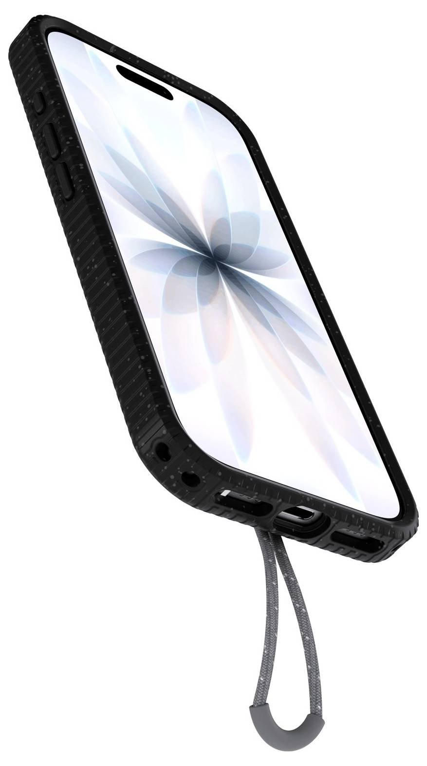 Ein Smartphone in einem schwarzen Schutzgehäuse, das in einem Winkel dargestellt ist, mit einem grauen Handgelenksriemen, der am unteren Ende angebracht ist.