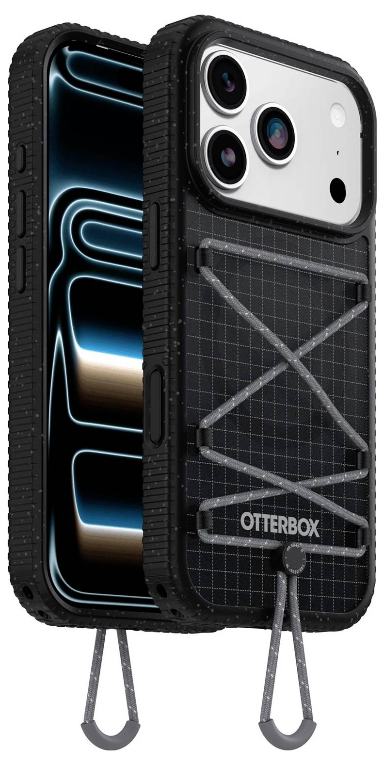 Zwei robuste Smartphone-Schutzhüllen, vorne und hinten dargestellt, mit schwarzem strukturiertem Schutz, blauen Glühakzenten und einer grauen kreuzförmig verstrebten Rückseite mit OTTERBOX-Logo und Standfüßen.