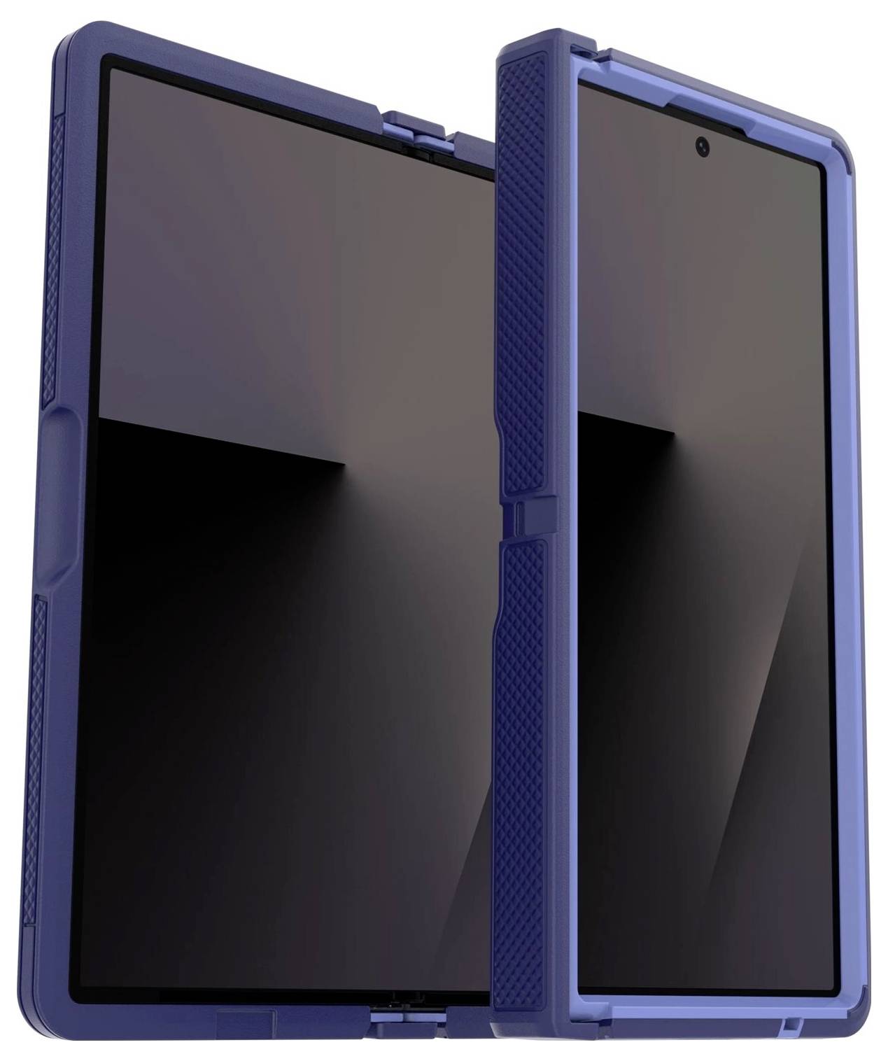 Zwei blaue Tablet-Schutzhüllen nebeneinander dargestellt, eine offen und eine geschlossen, die Schutzbezüge für ein Tablet-Gerät zeigen.