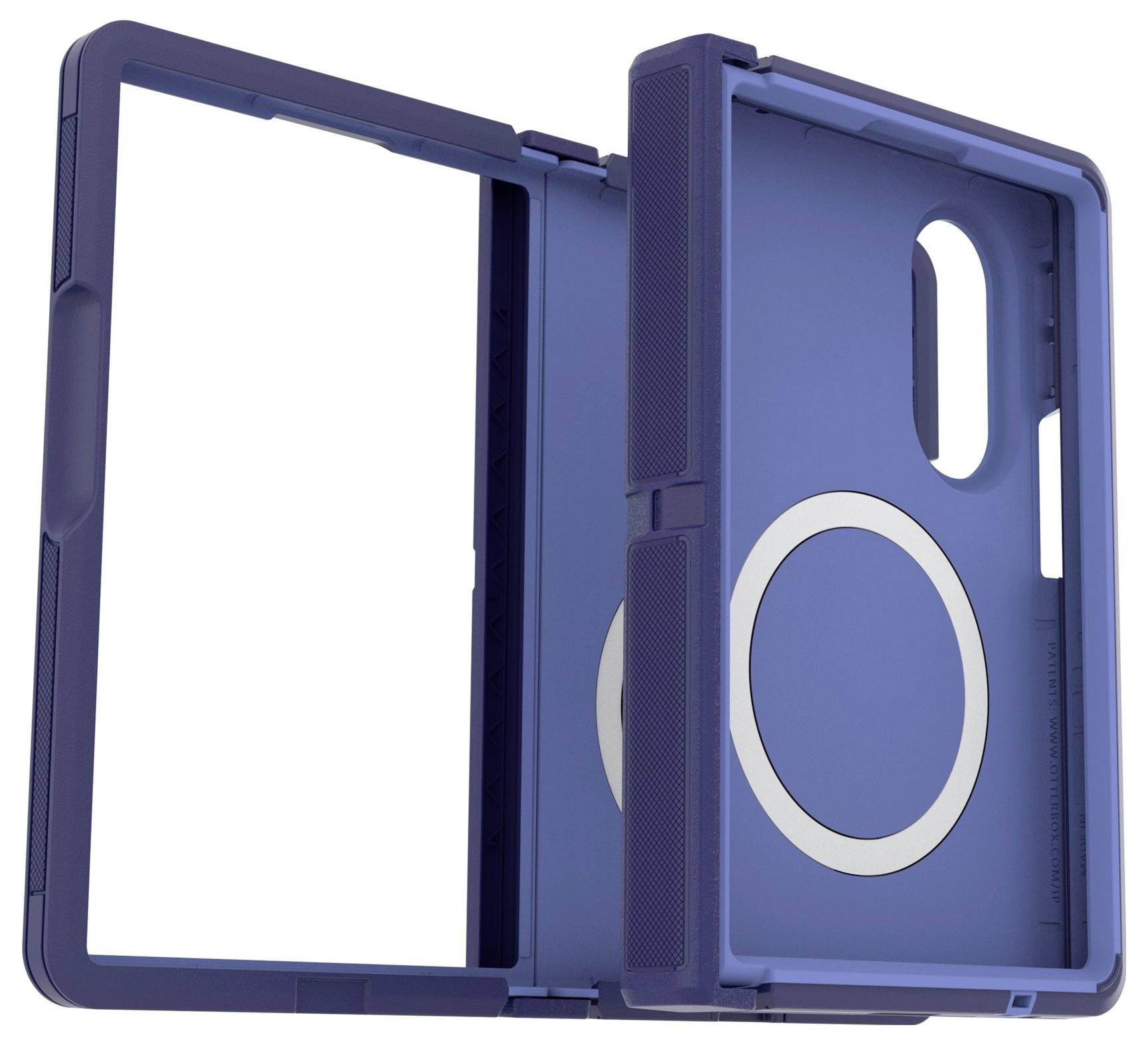 Blaue Klapp-Tablet-Schutzhülle mit offener Vorderseite und Rückenschale, ausgestattet mit einem großen runden Ring auf der Rückseite für Griff- oder Ständerunterstützung.