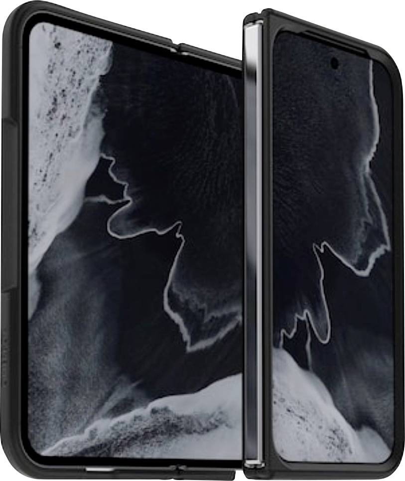 Ein aufklappbares Smartphone in halbeoffener Position, wobei ein dunkler abstrakter Hintergrund über zwei Bildschirme angezeigt wird.