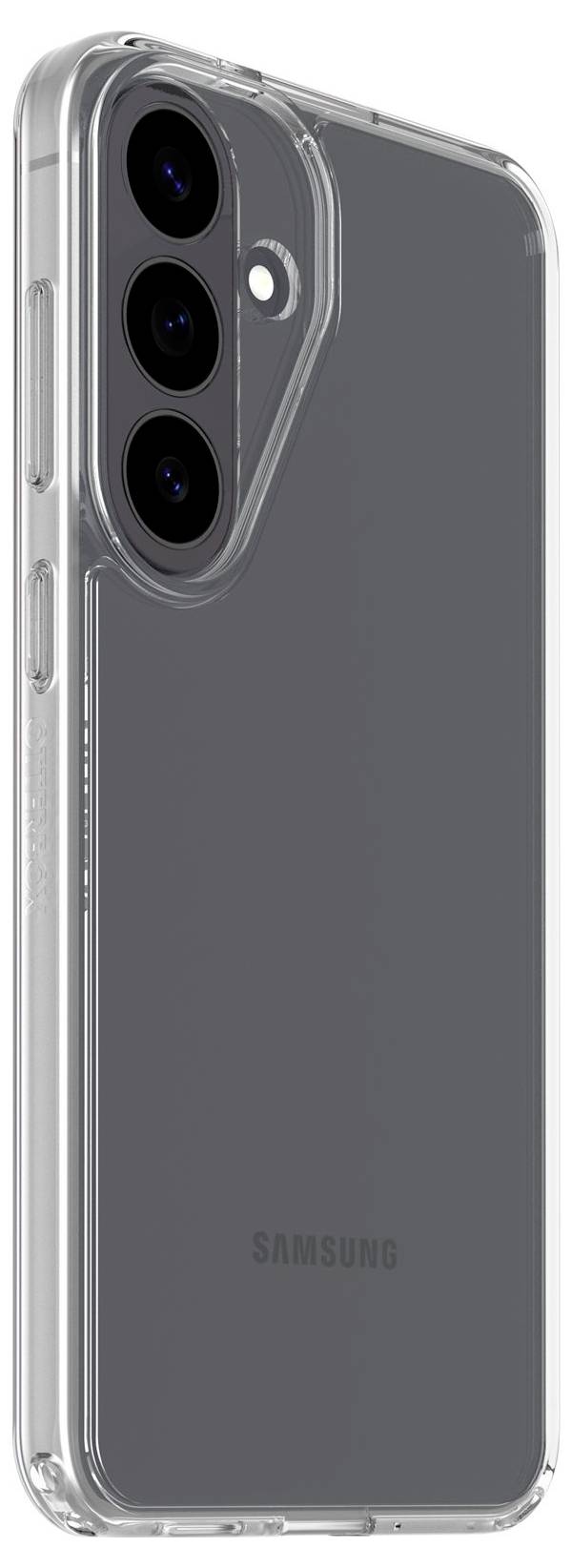 Transparente Handyhülle auf einem Samsung-Smartphone, die das hintere Triple-Kamera-Modul und den Blitz mit der sichtbaren grauen Rückseite des Telefons zeigt.