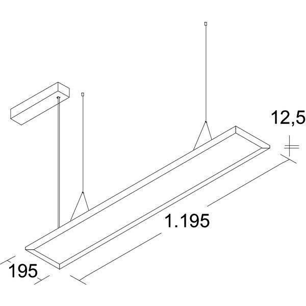 Linienzeichnung einer hängenden rechteckigen Deckenleuchte, die Abmessungen von 1.195 x 195 x 12,5 zeigt.