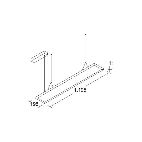 Hängende lineare Deckenleuchte in isometrischer Ansicht mit Abmessungen von 1,195 m Länge, 195 mm Breite und 11 mm Dicke.