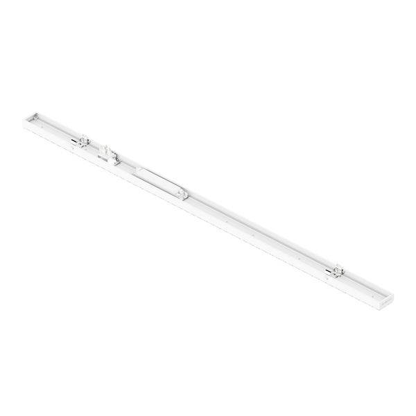 Lange weiße Leuchtstofflampe, die diagonal auf einem einfachen weißen Hintergrund gezeigt wird.