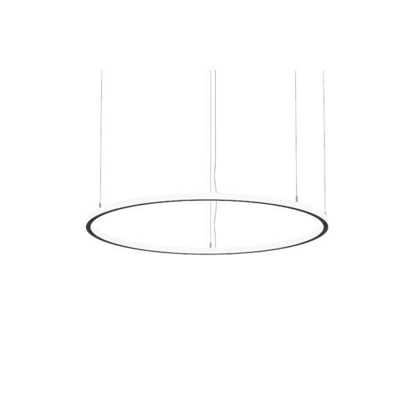 Modernes schwarzes kreisförmiges Pendelleuchtenring-Design, das an dünnen Kabeln vor weißem Hintergrund aufgehängt ist.