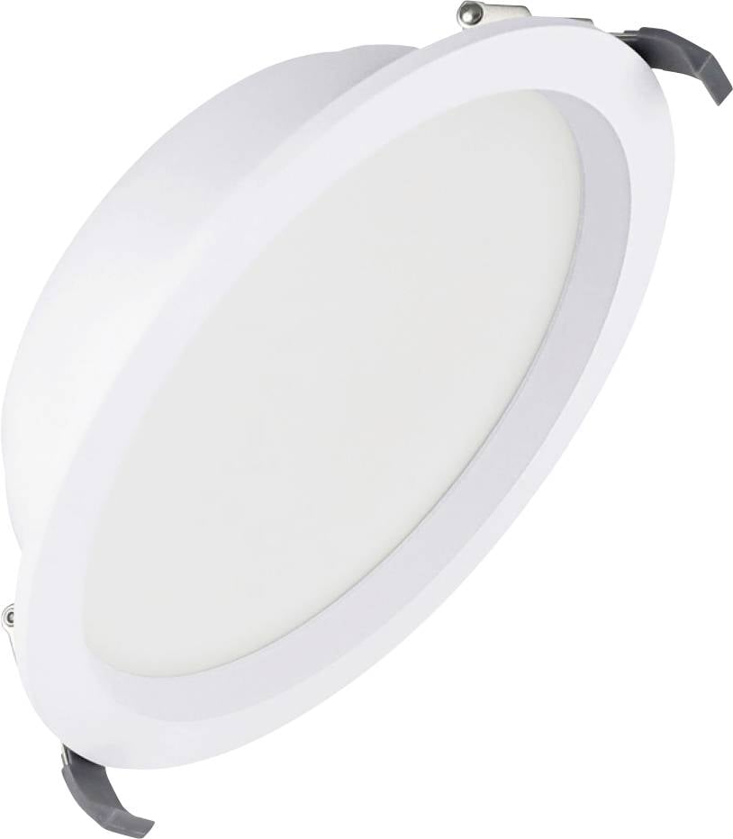 Rundes weißes LED-Deckenflächenlicht mit Befestigungsclips, gezeigt vor einem neutralen Hintergrund.