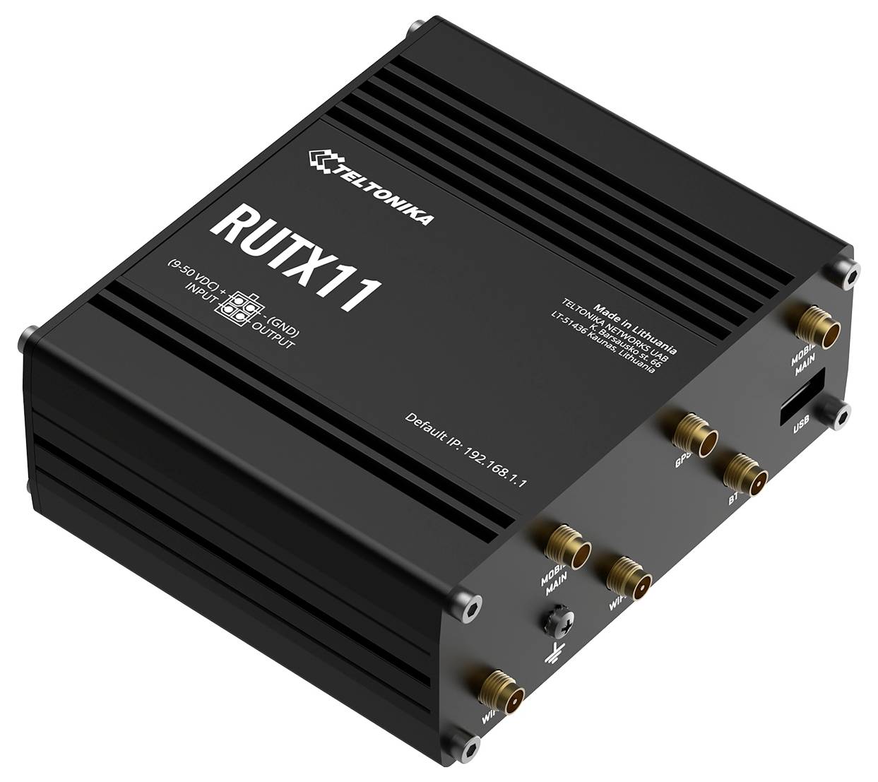 Schwarzer Teltonika RUTX11 Industrie-Router mit mehreren vergoldeten Antennensteckern und beschrifteten Anschlüssen, dargestellt auf weißem Hintergrund.