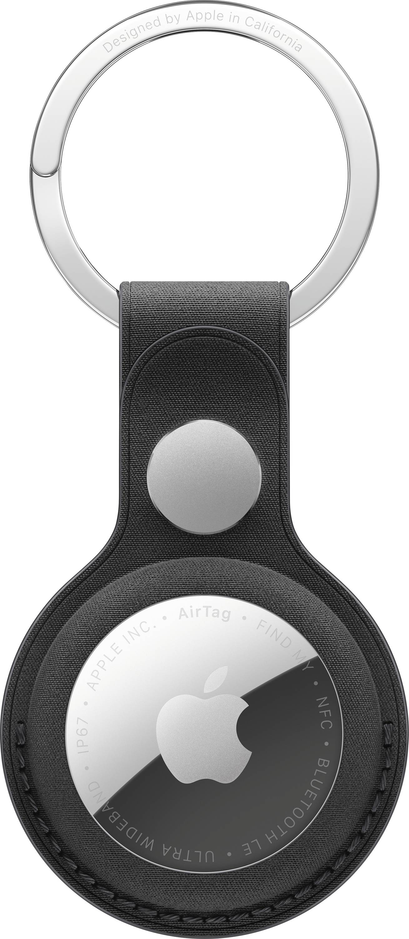 Apple AirTag in einem schwarzen Lederanhänger für Schlüsselring, Vorderansicht mit dem silbernen kreisförmigen Tag in der Mitte.