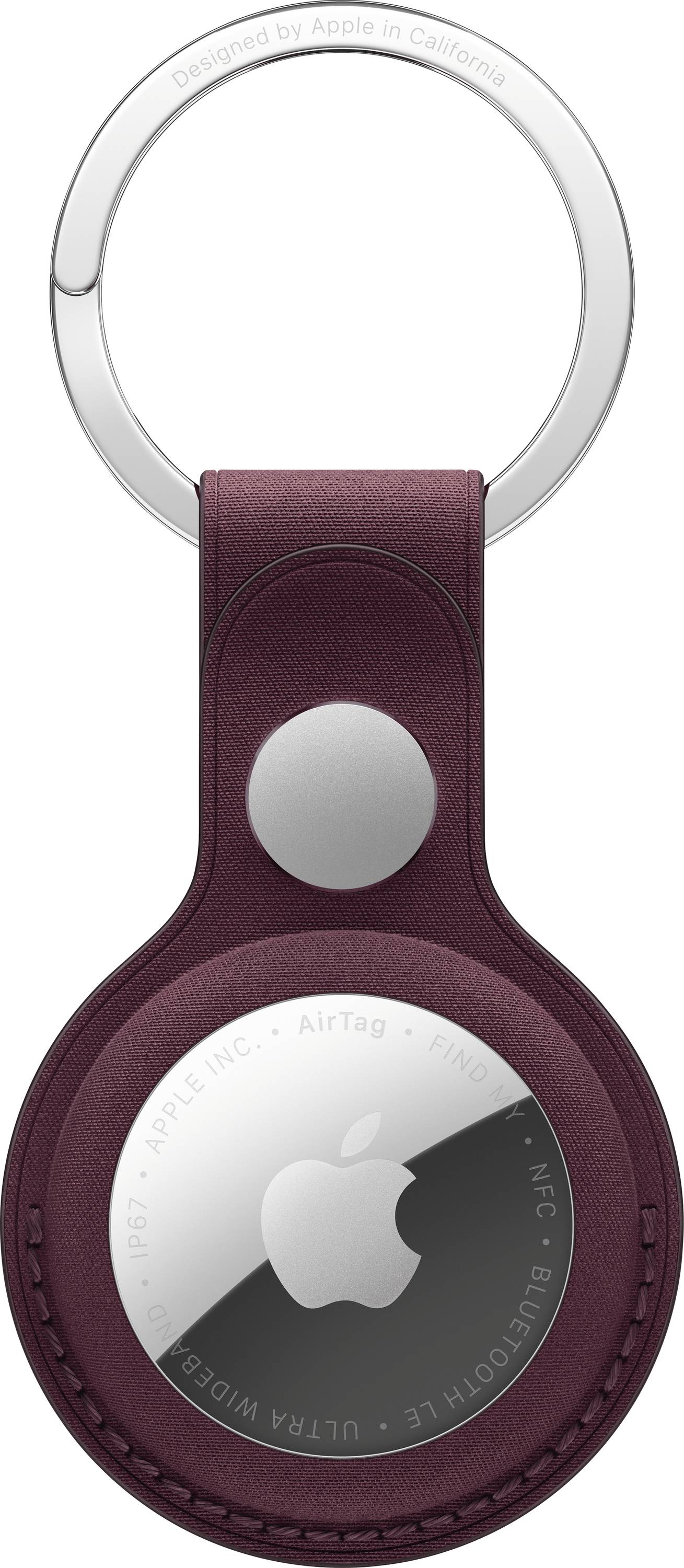 Apple AirTag in einem burgunderroten Lederanhänger mit silbernem Metallring, Vorderansicht.