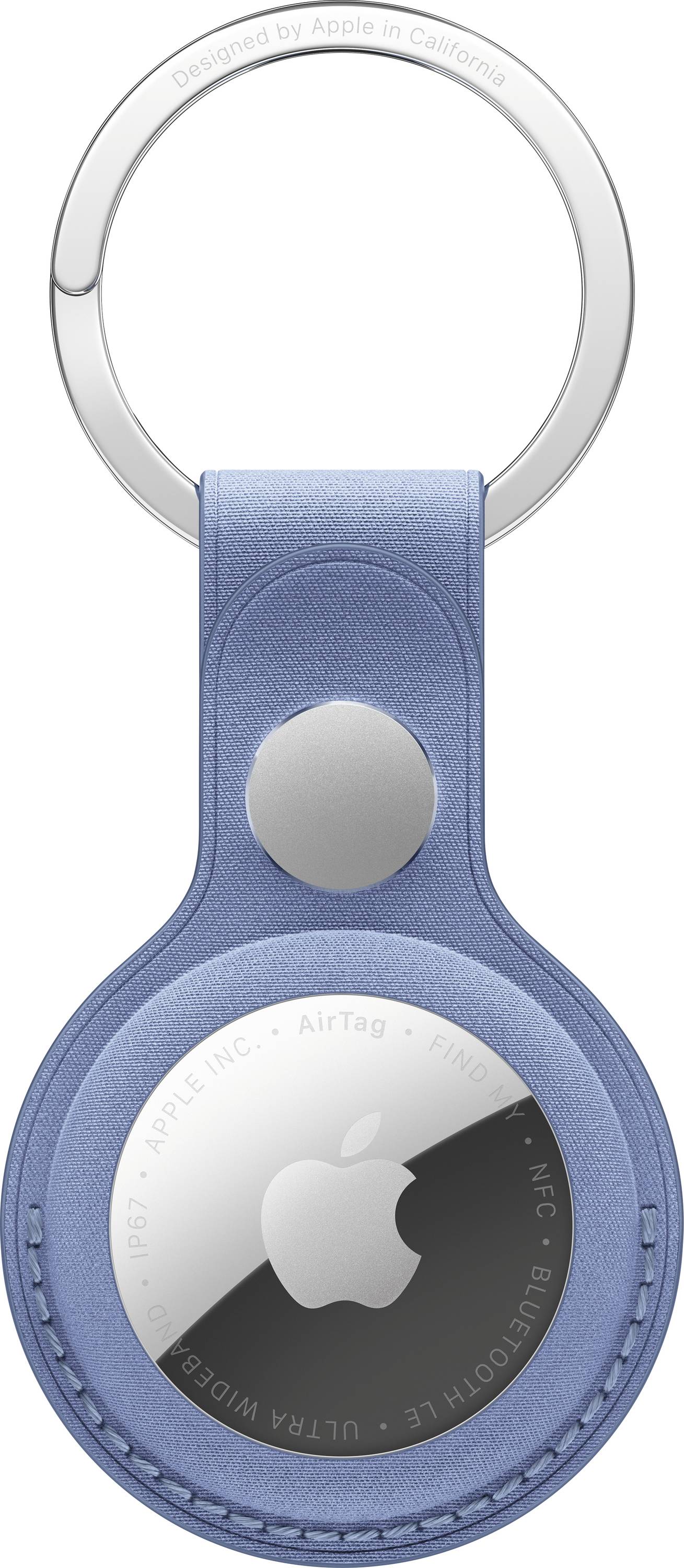 Blauer Leder-Apple-AirTag-Schlüsselanhänger-Halter mit silbernem Ring und sichtbarem AirTag-Einsatz, Vorderansicht.
