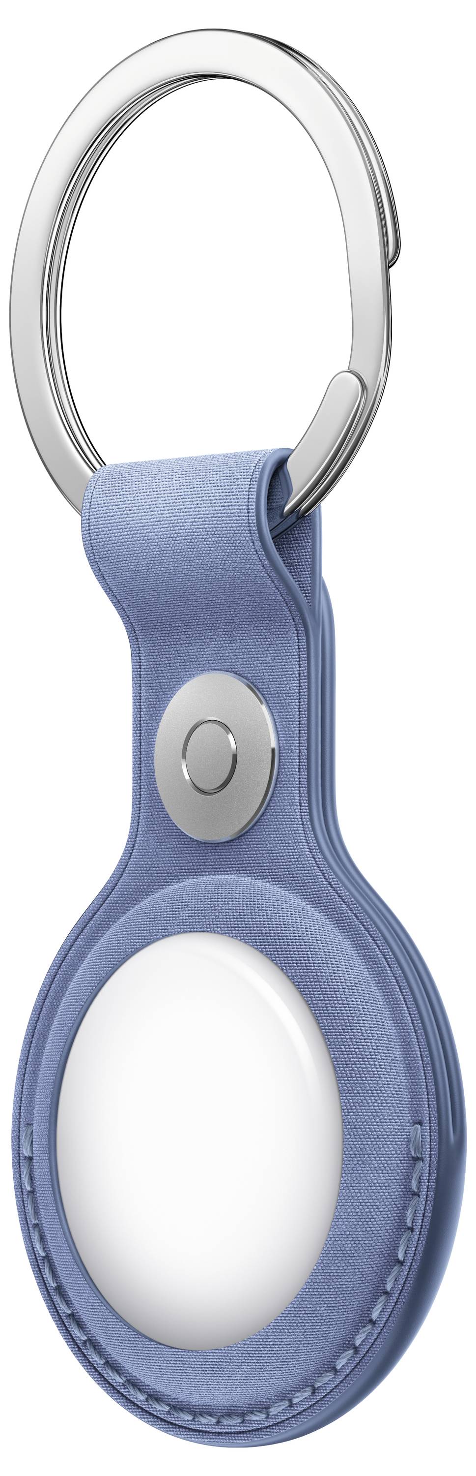 Blauer Leder-Schlüsselanhänger mit großem silbernem Metallring und ovalem weißem Mittelteil, gezeigt als Produktzubehör auf weißem Hintergrund.