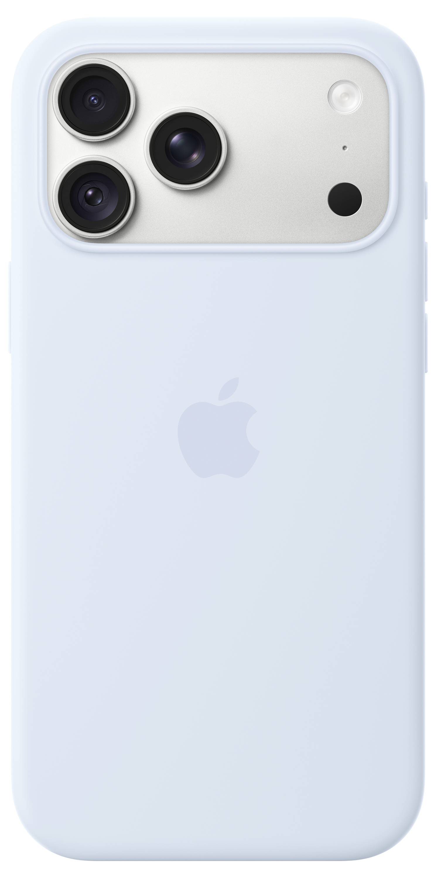 Hellblauer iPhone-Gehäuse von hinten mit drei Kameraobjektiven und zentriertem Apple-Logo.