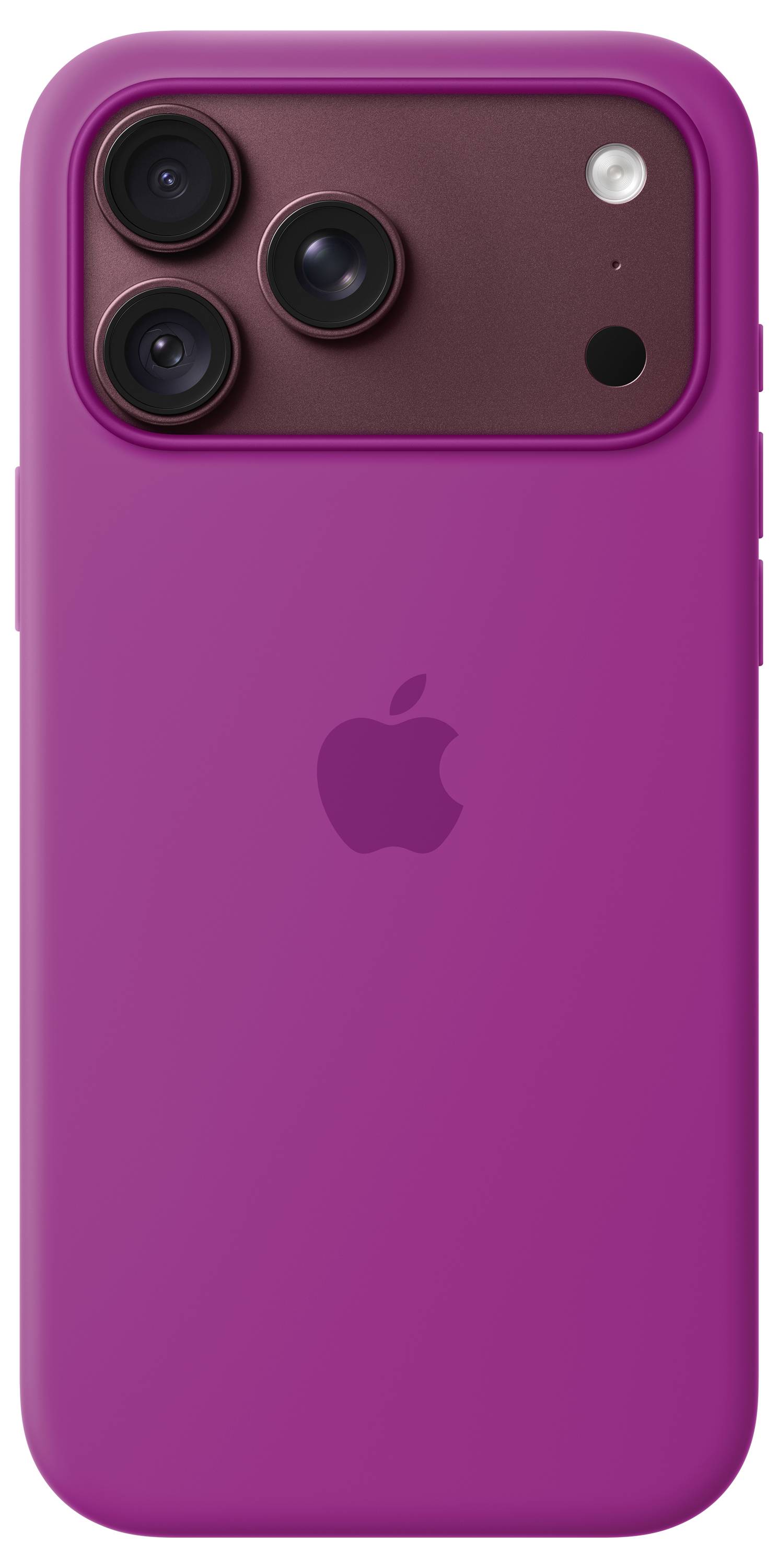 Rückansicht einer magentafarbenen Smartphone-Schutzhülle mit Ausschnitten für drei rückseitige Kameras, Blitz und Mikrofon, zentriertes Apple-Logo auf der Rückseite.
