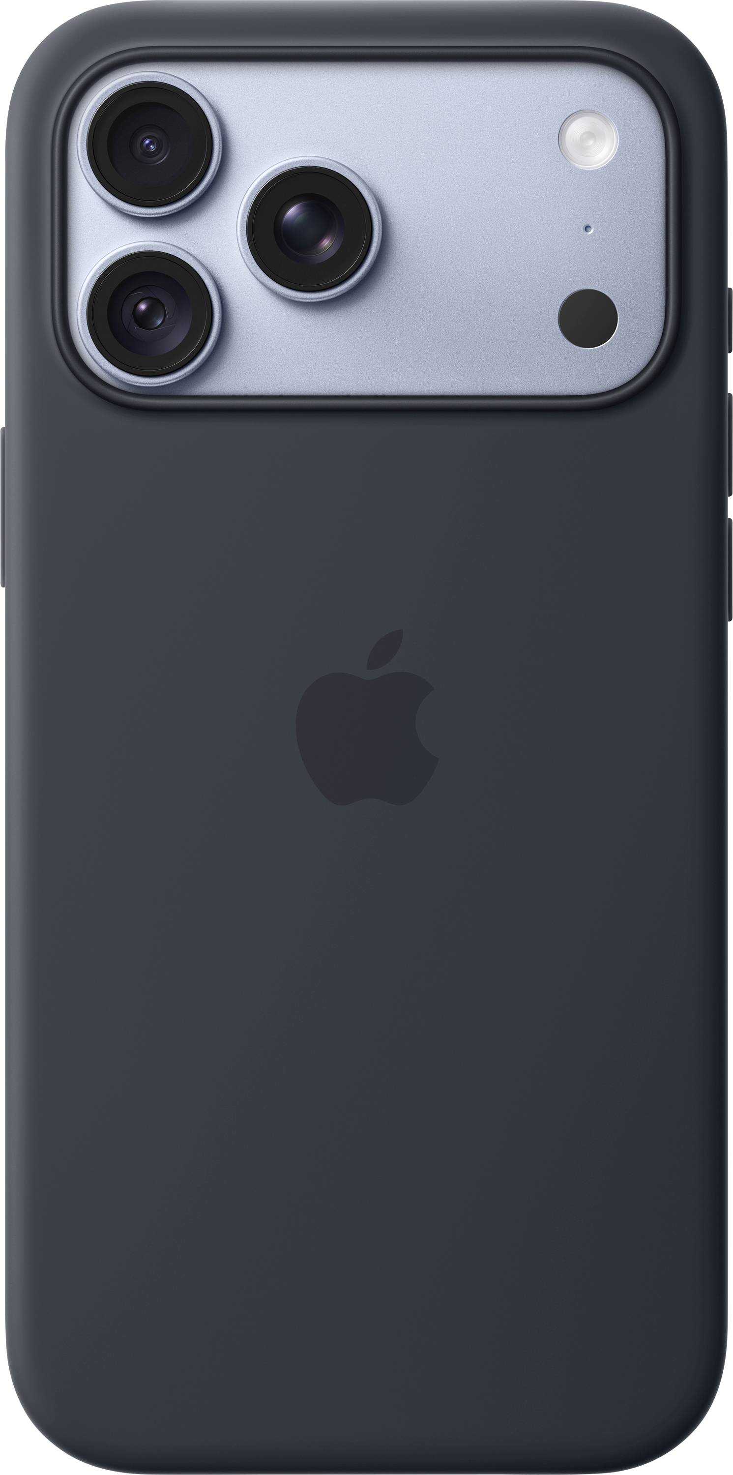 Rückansicht eines dunkelgrauen Smartphones mit dreifacher Rückkamera, Blitz und zentriertem Logo.