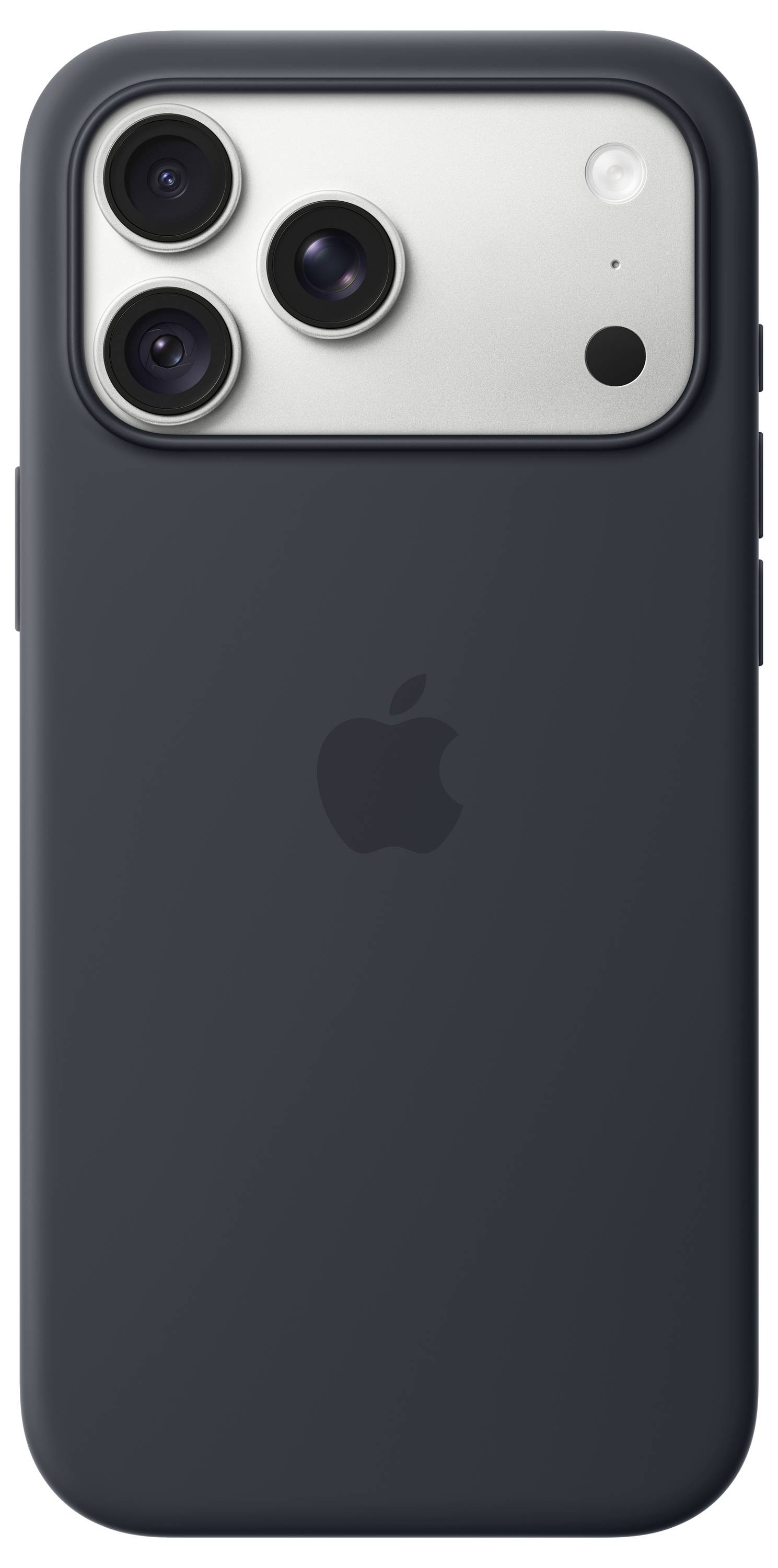 Rückansicht eines dunklen iPhones mit einem Triple-Kamera-Cluster und zentriertem Apple-Logo.