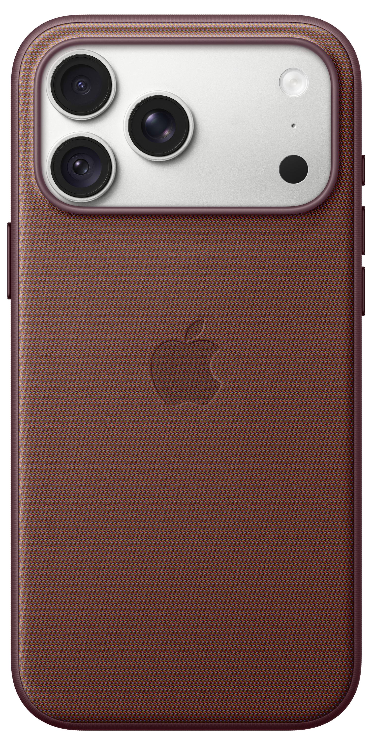 Rückansicht eines iPhones in einer orangefarbenen gewebten Schutzhülle, die das Triple-Kamera-Modul und das Apple-Logo zeigt.