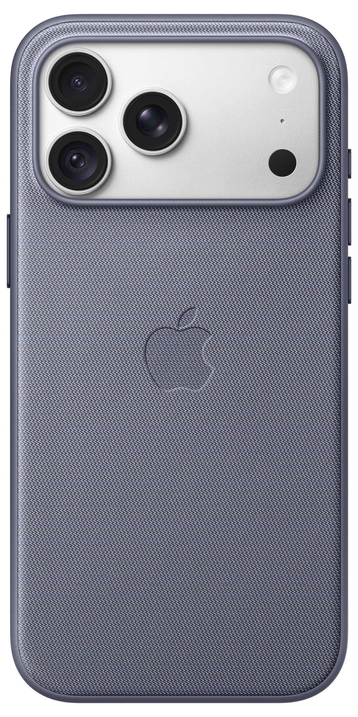 Rückansicht eines blauen iPhones mit drei rückwärtigen Kameras, Blitz und zentriertem Apple-Logo.