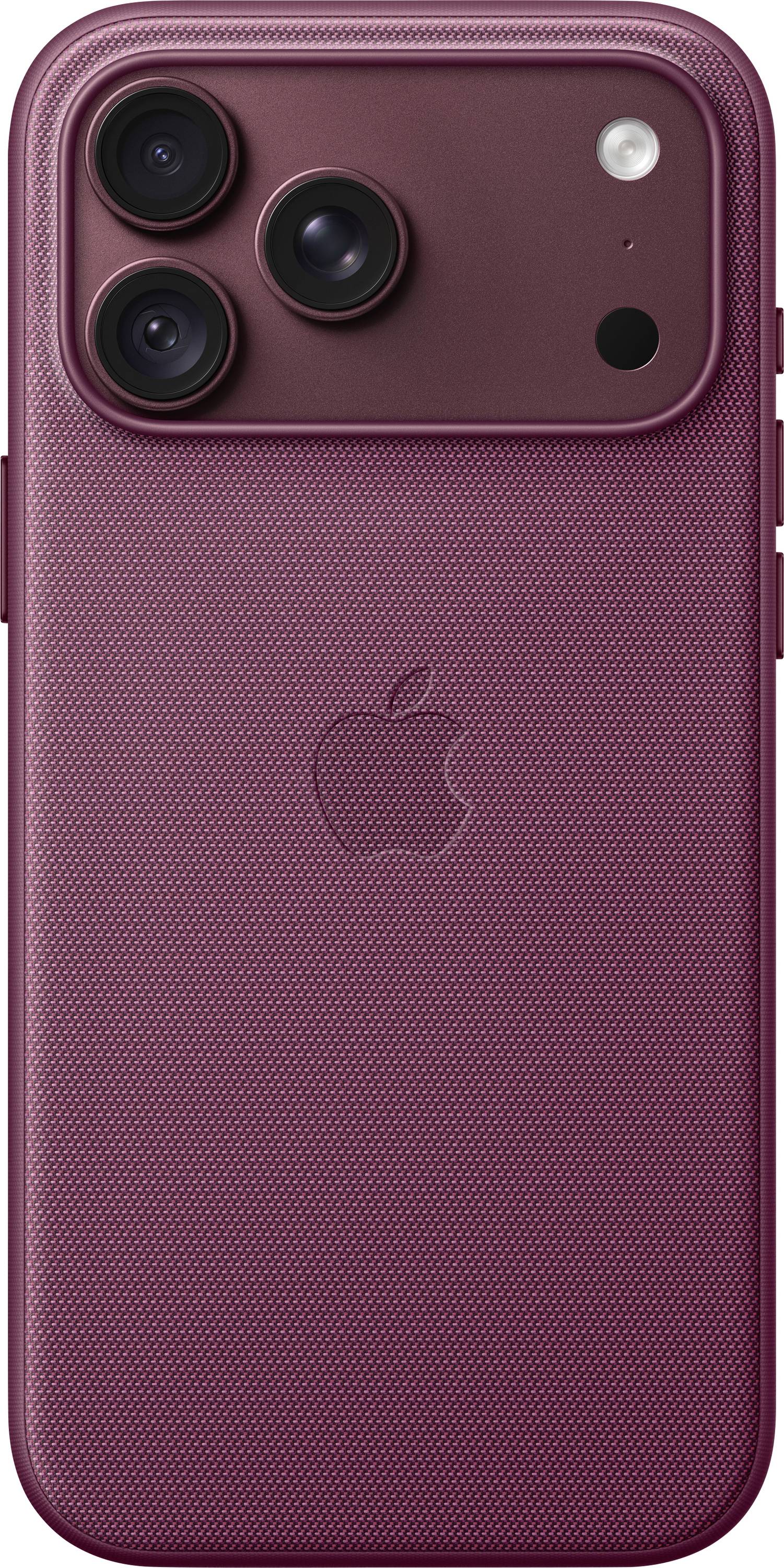 Rückseite eines burgunderfarbenen iPhones mit dreifacher Rückkamera, Blitz, LiDAR-Sensor und zentriertem Apple-Logo.