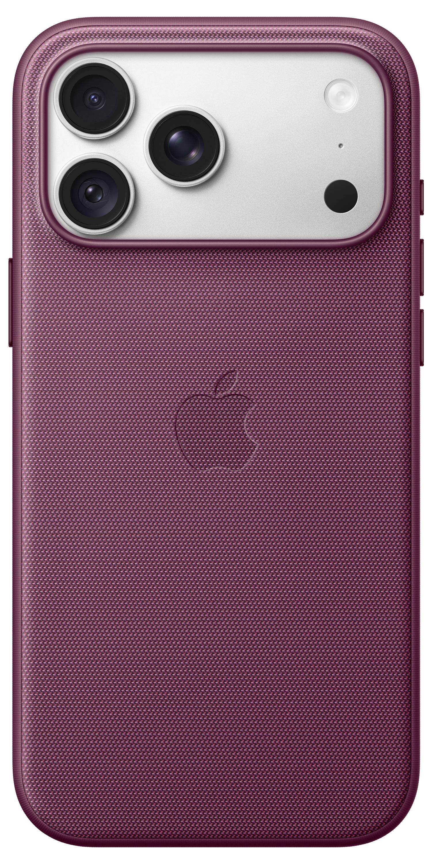 Rückansicht eines violetten iPhones in einer strukturierten Schutzhülle, das das Triple-Kamera-System und das Apple-Logo zeigt.