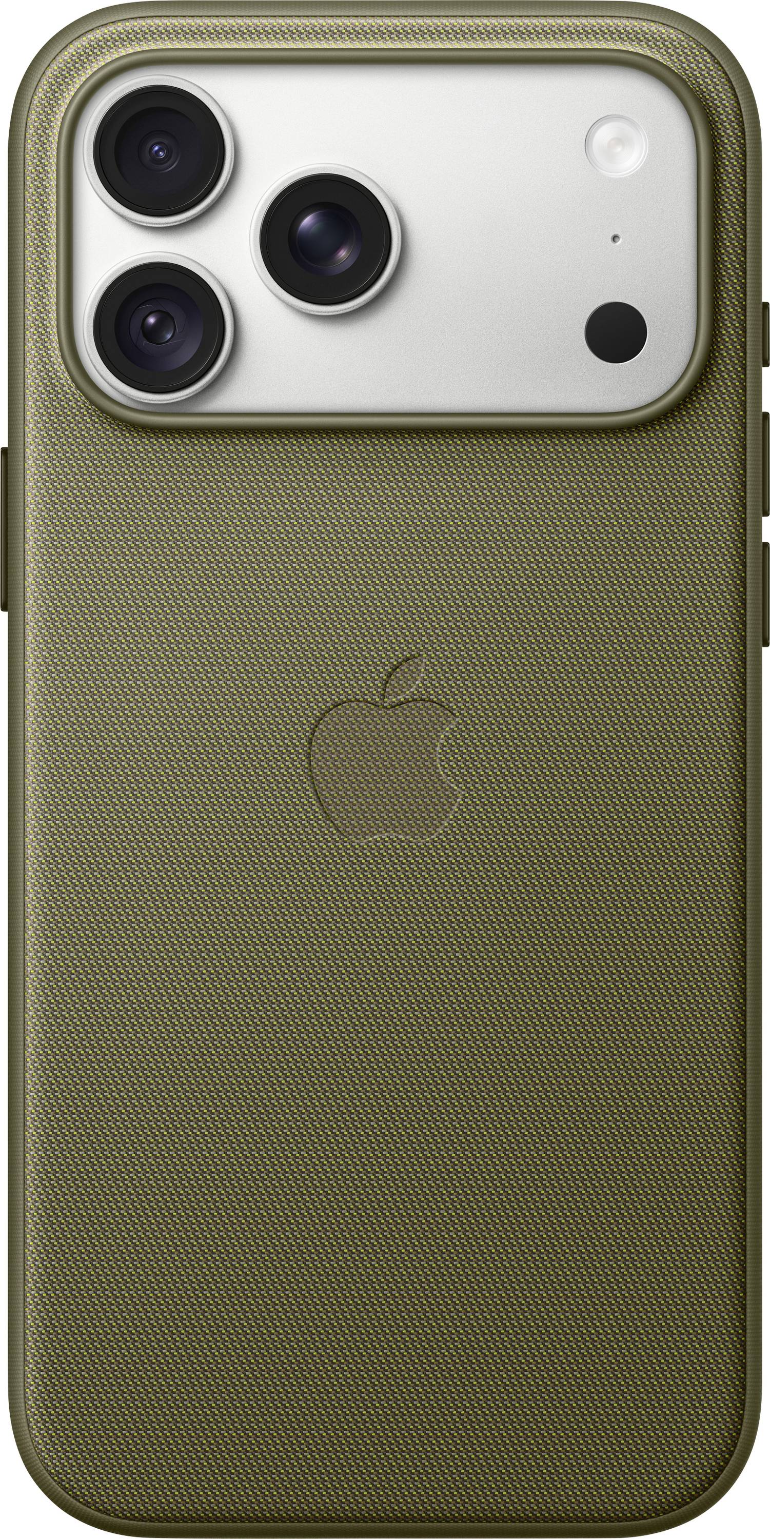 Rückseite eines goldenen iPhones mit strukturierter Hülle, dreifache Rückkameras oben links, Apple-Logo in der Mitte.