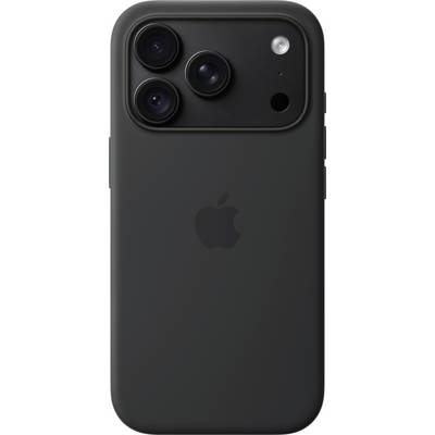 Rückansicht eines schwarzen iPhones mit dreifacher Kameralinse, Blitz und Apple-Logo auf einer matten Hülle oder Oberfläche.