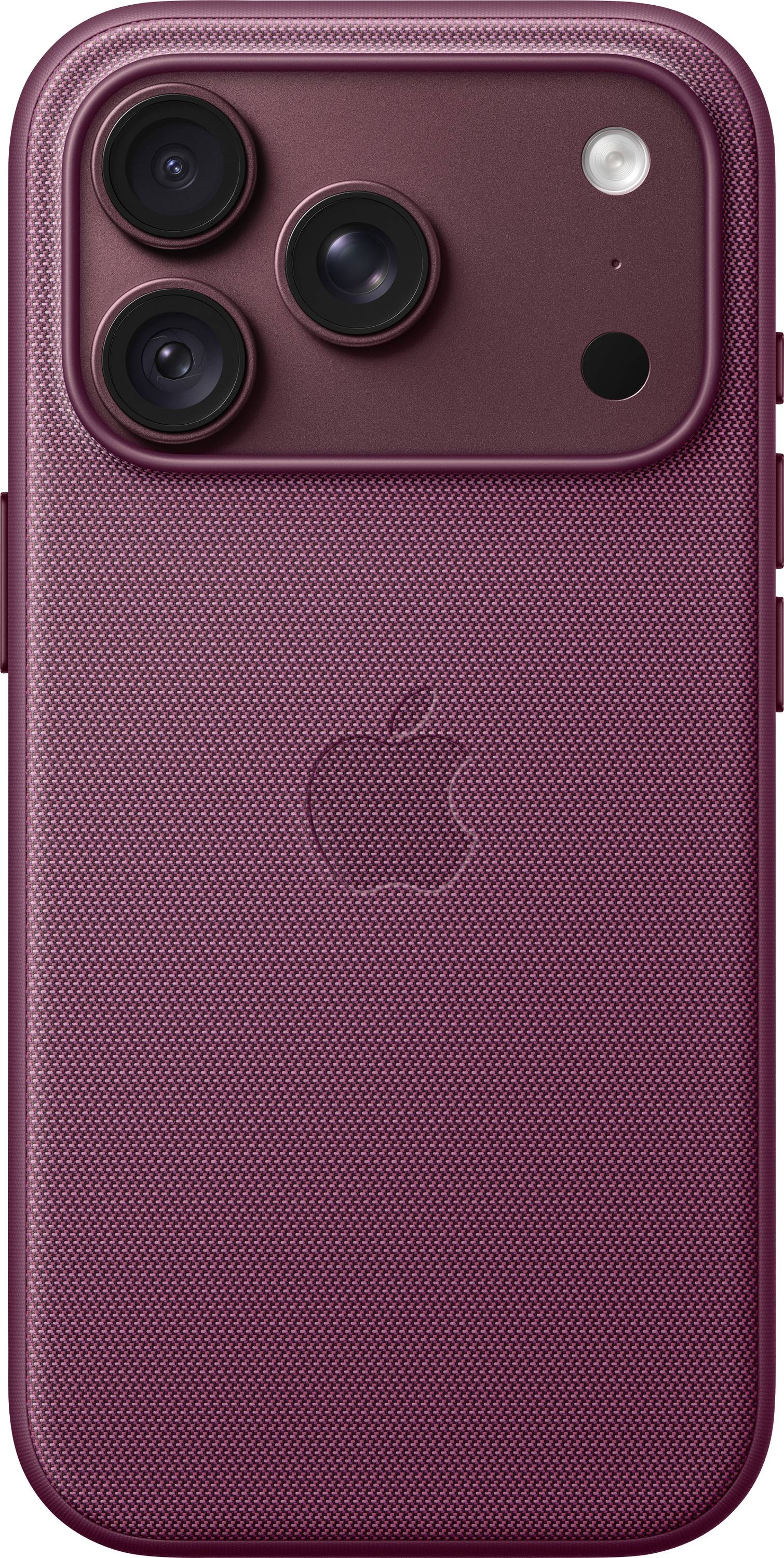 Rückansicht eines burgunderroten iPhones mit dreifacher Kameraobjektiv, Blitz und Apple-Logo.