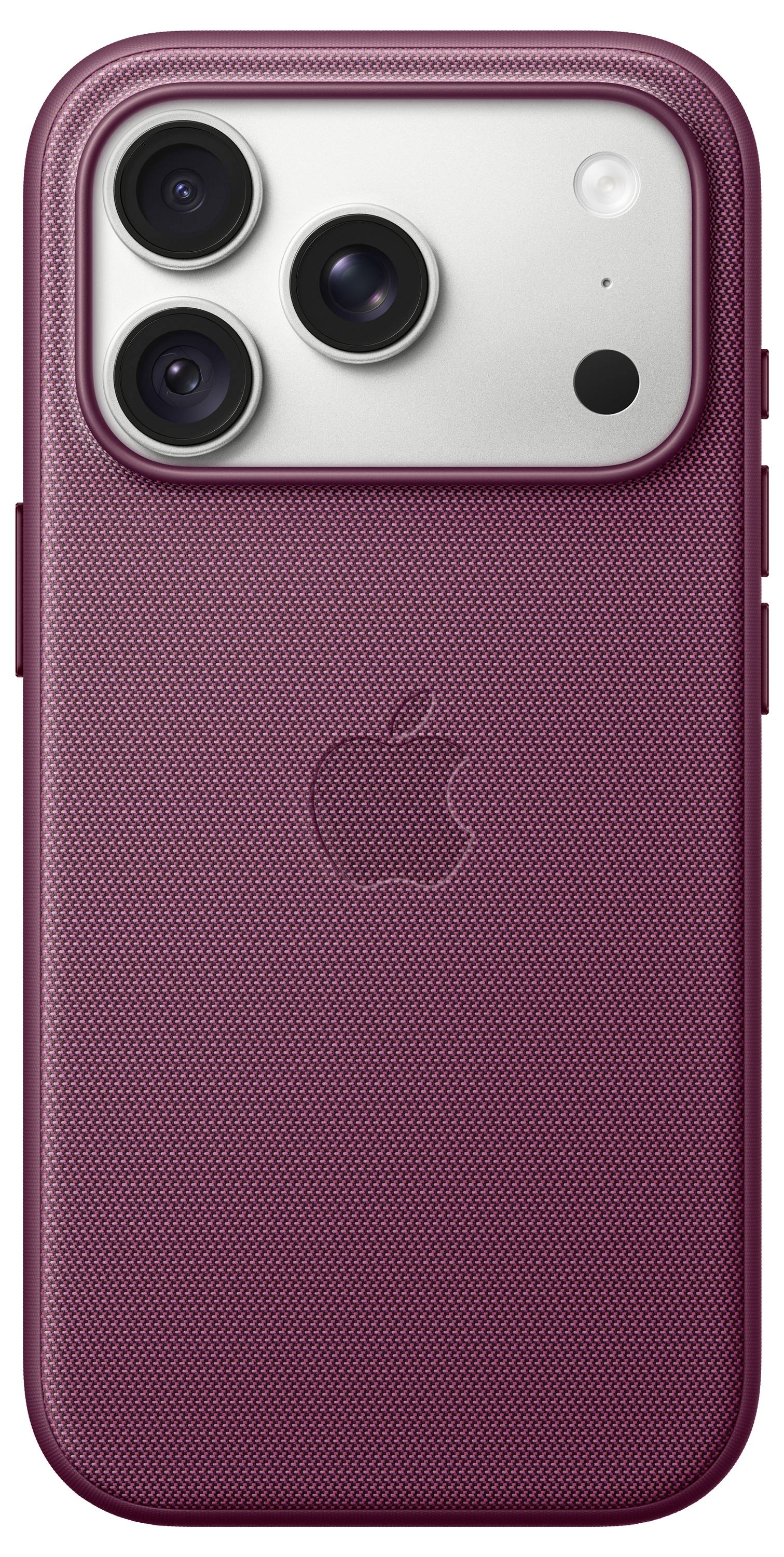 Rückseite eines burgunderfarbenen iPhones mit strukturiertem Case, das dreifache Rückkameras und das zentrierte Apple-Logo zeigt.