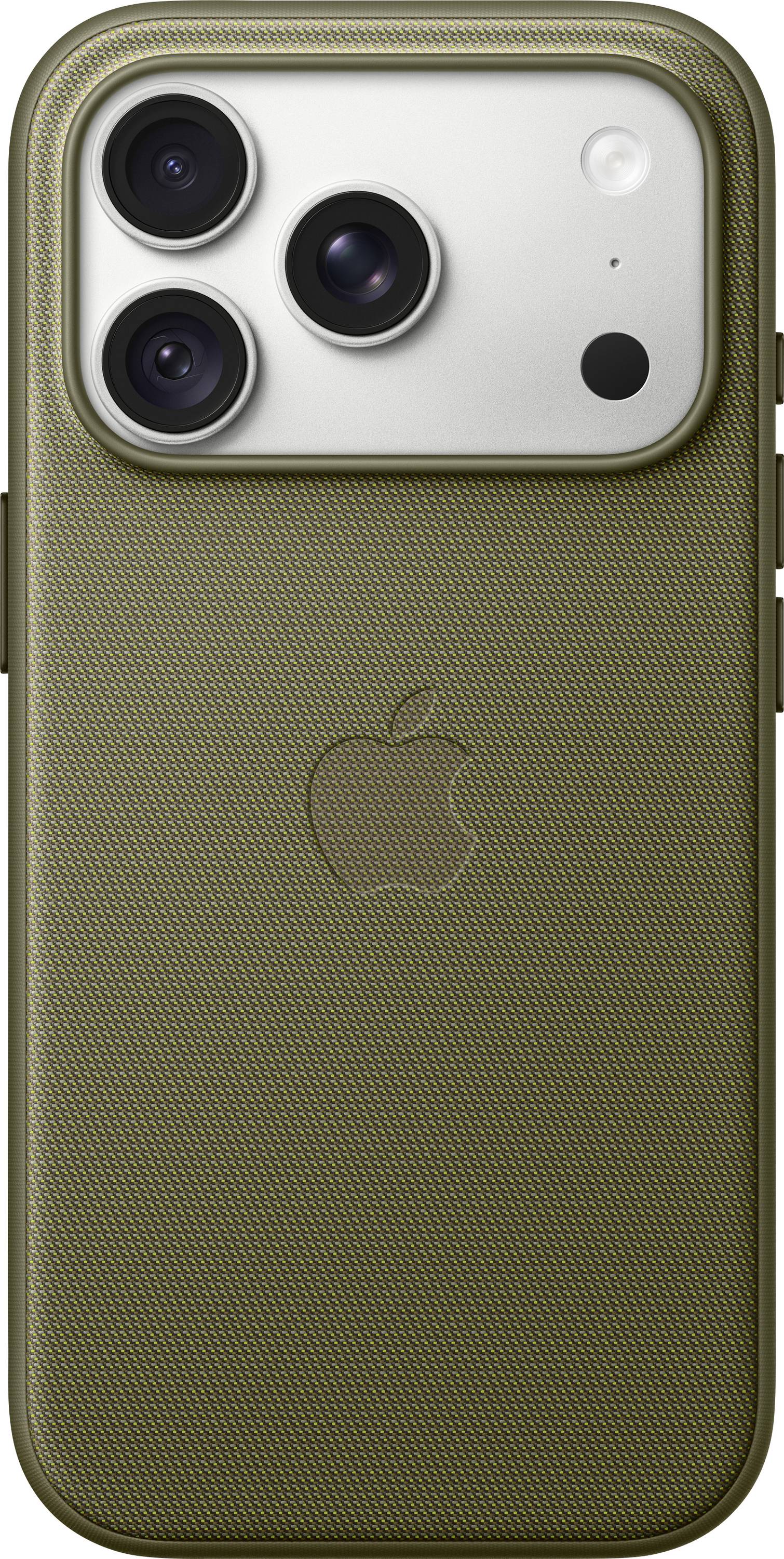 Rückansicht eines goldenen iPhones mit drei Kameras in einem quadratischen Modul und dem Apple-Logo in der Mitte auf der Rückseite.