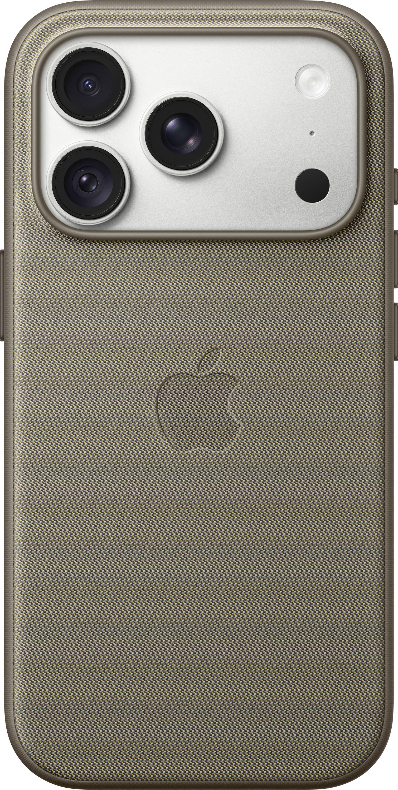 Rückansicht eines Apple iPhone mit braunem Webmuster-Case, das dreifache hintere Kameras und das zentral positionierte Apple-Logo auf der Rückseite zeigt.