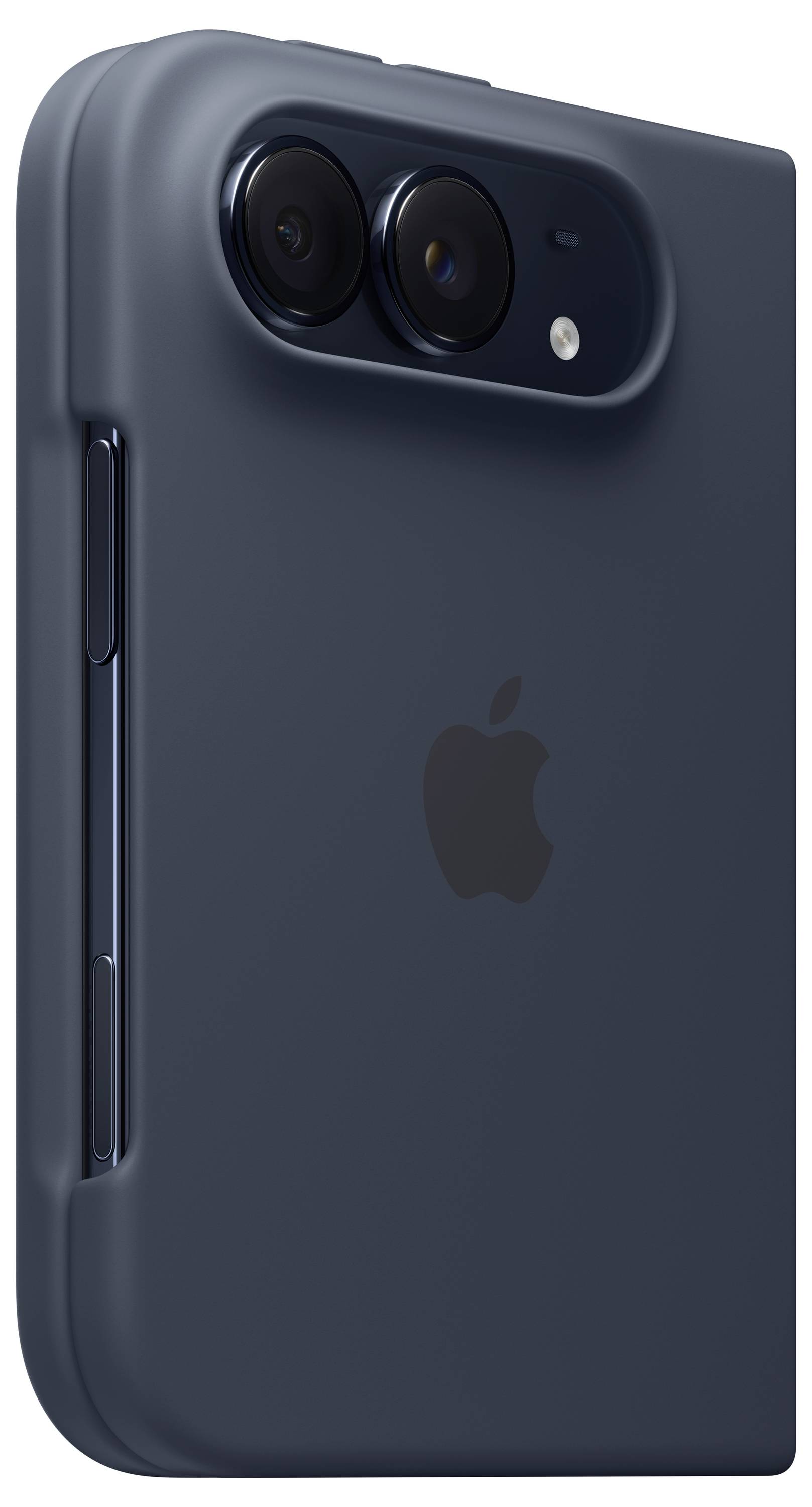 Dunkelblauess iPhone mit Dual-Rückkameras und Apple-Logo, von hinten in einer Schutzhülle gezeigt.