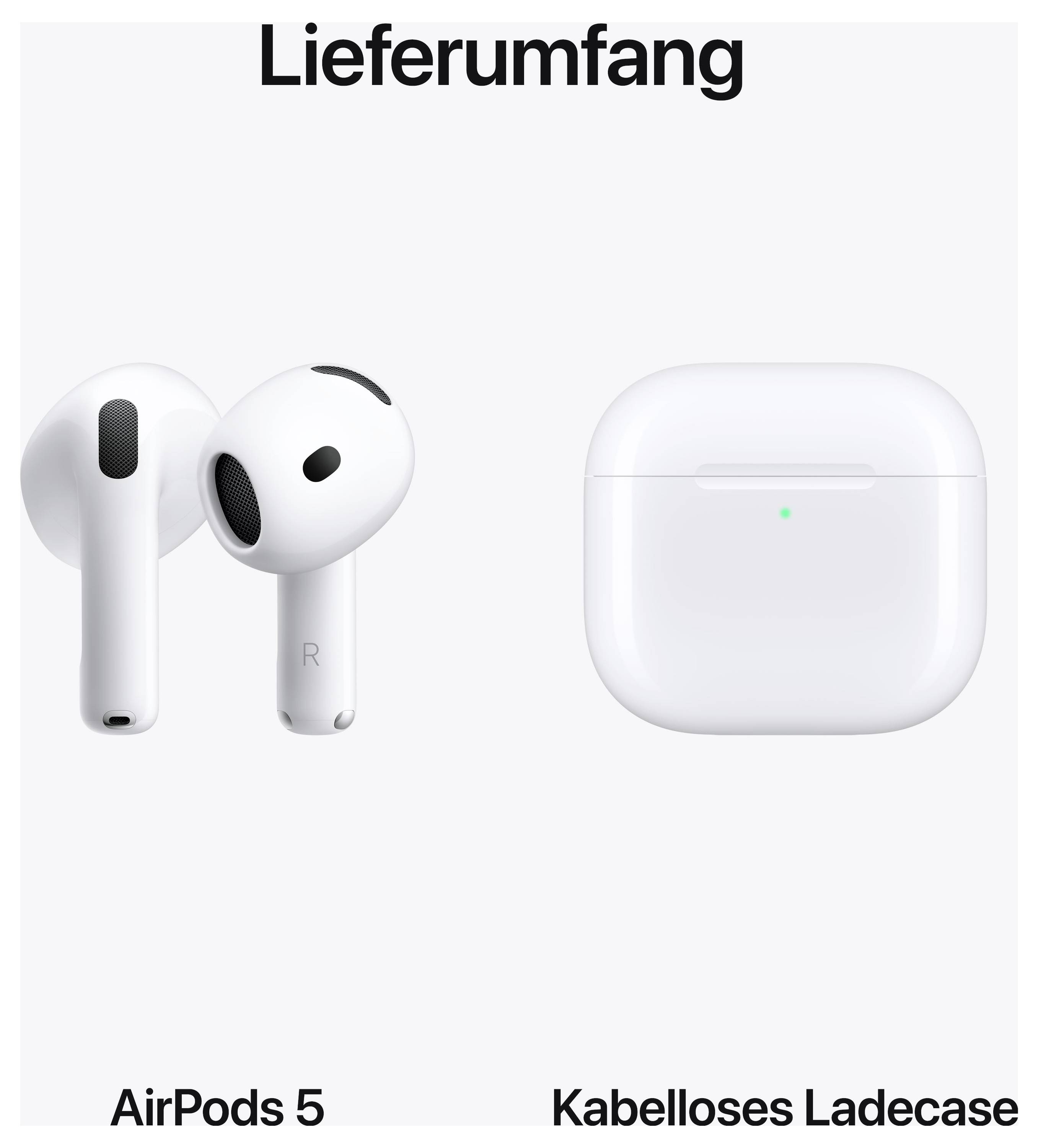 Abbildung des Lieferumfangs: AirPods 5 mit zwei Ohrhörern und kabelloses Ladecase.