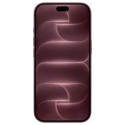 Frontansicht eines rot/rosa iPhones mit einer pillenförmigen Frontkamera-Ausschnitt, zeigt ein abstraktes kastanienbraunes Wellen-Hintergrundbild.