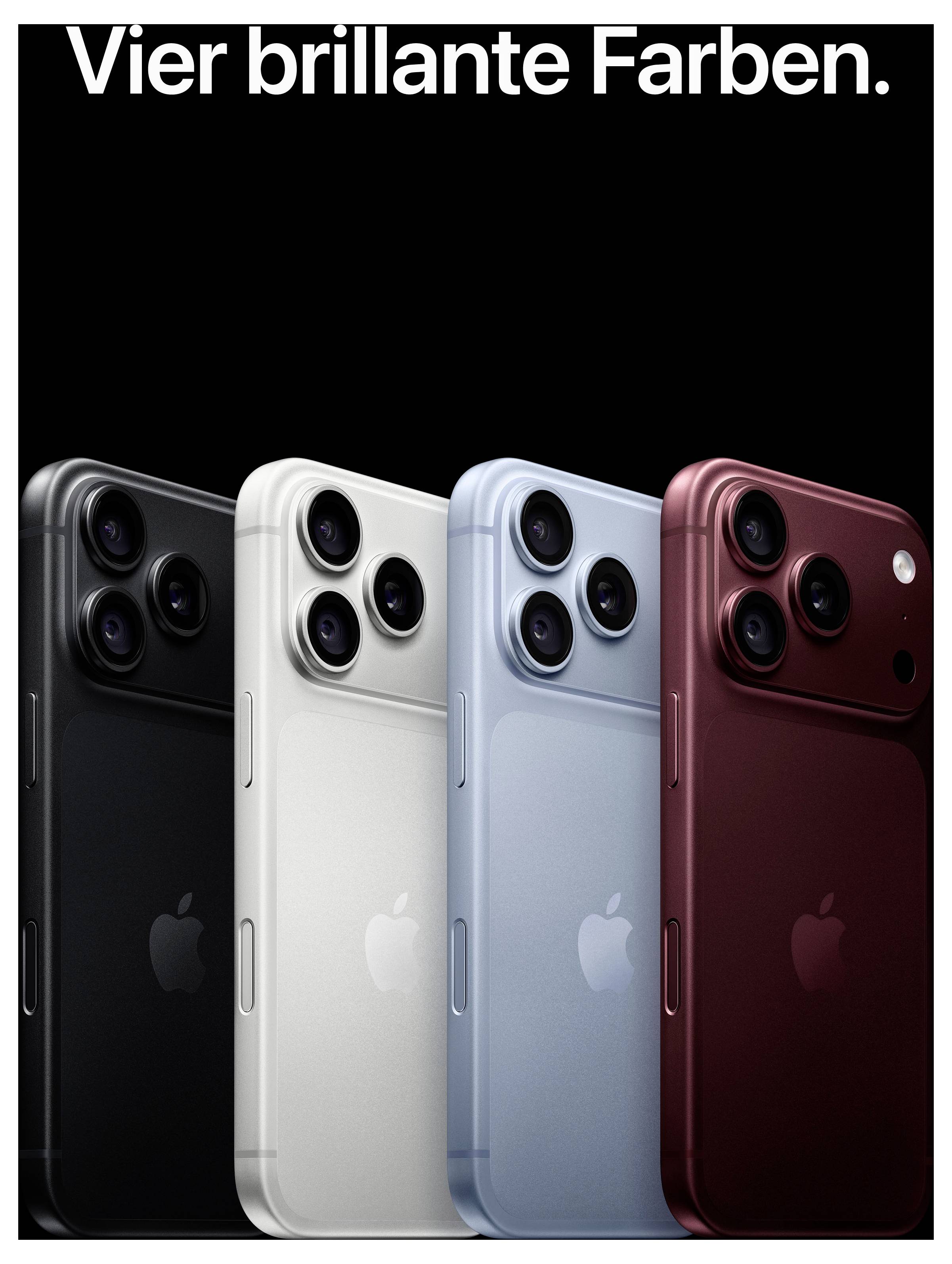 Werbebild für vier iPhones in Schwarz, Weiß, Hellblau und Rot; oben steht 'Vier brillante Farben.'<br>