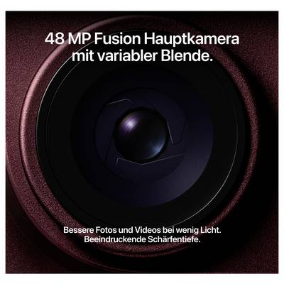 Nahaufnahme einer Kameralinse mit Text '48 MP Fusion Hauptkamera mit variabler Blende'; wirbt für bessere Fotos und Videos bei wenig Licht sowie starke Schärfentiefe.